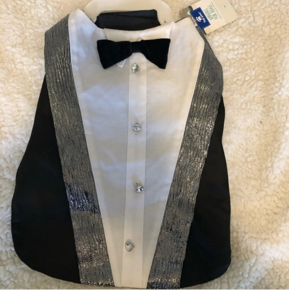 NWT Top Paw Tuxedo Shirt Dog Apparel Size Medium M Black White Silver Bow Tie